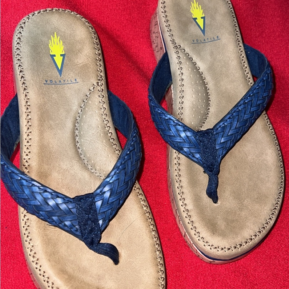 Volatile Palau Navy and Beige Braided Wedge Flip-Flops